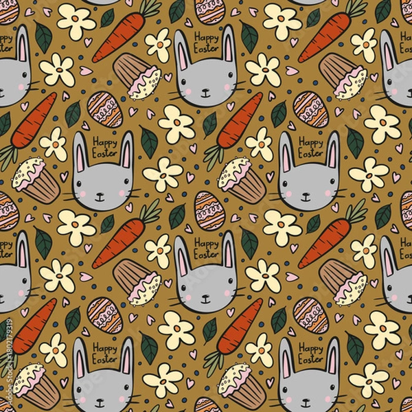 Fototapeta Seamless Easter pattern with bunnies, carrots, eggs, cupcakes, flowers, hearts and leaves. Spring festive design perfect for textiles, wrapping paper, packaging, crafts, kids products and stationery.