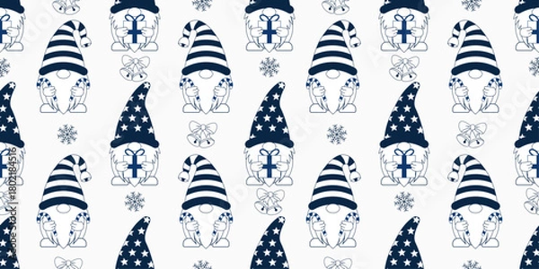 Fototapeta Cute Tiny Santa Claus with Snowflakes and Christmas Bell in a Seamless Pattern Blue Theme. Vector seamless Christmas pattern.