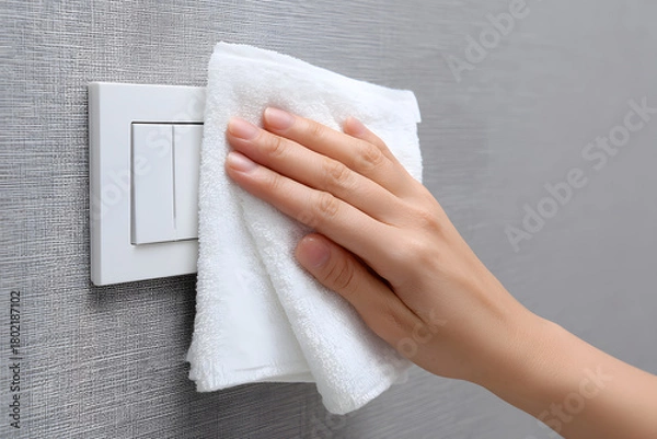 Fototapeta Womans Hand Wiping a White Light Switch with a Soft Clean Towel on a Textured Gray Wall Surface Emphasizing Home Disinfection and Essential Hygiene