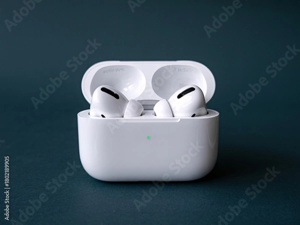Fototapeta Experience pristine audio freedom with these sleek, modern wireless earbuds and charging case, perfect for immersive listening on the go.