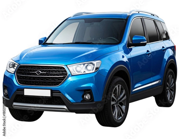 Obraz Blue SUV with Wheels Turned Slightly, Angled Front View, Isolated on Transparent Background