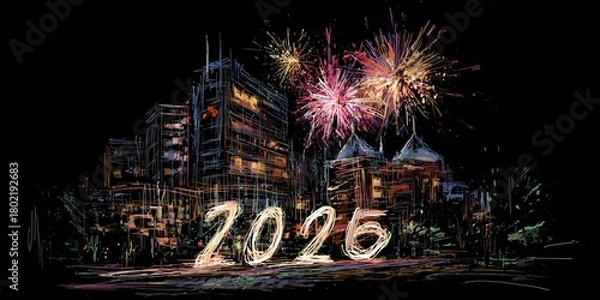 Fototapeta Merry Christmas and Happy New Year 2026 in sparkler font and firework fireworks pyrotechnic.
