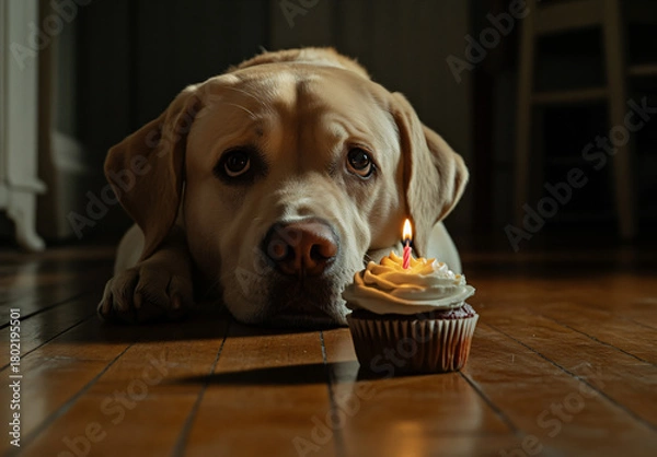 Fototapeta Adorable labrador retriever celebrates a birthday with a delicious cupcake and a lit candle, looking hopeful for a taste, creating a heartwarming moment