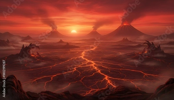 Obraz Prehistoric volcanic valley at sunset