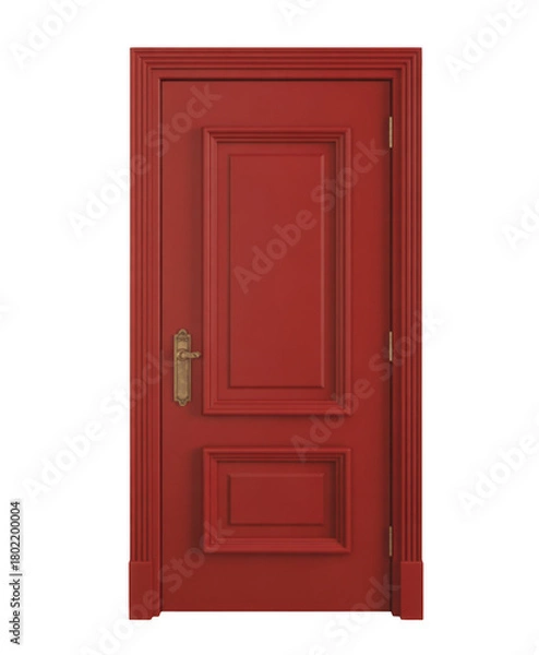 Fototapeta Red paneled door with brass handle isolated on a transparent background