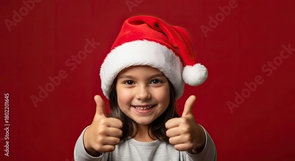 Obraz A cheerful young child, adorned in a festive santa hat, radiates pure joy as they enthusiastically flash the thumbs-up gesture against a vibrant red backdrop, conveying the spirit of festive season.