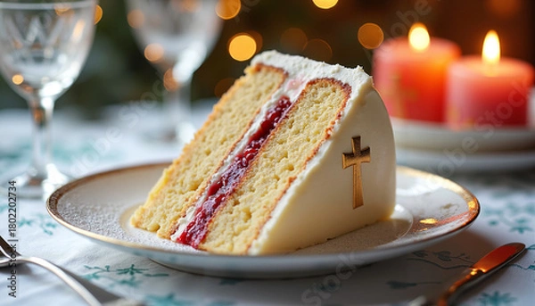 Fototapeta Delicious Epiphany cake slice with raspberry filling and cross symbol on a plate with candles and wine glasses for festive Christian celebration