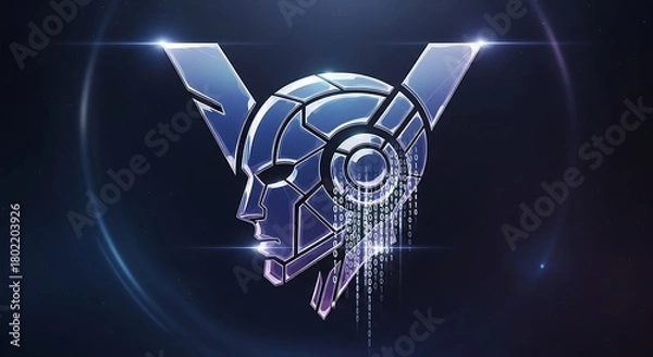 Obraz A stylized logo featuring a futuristic robotic head with binary code on a dark blue background
