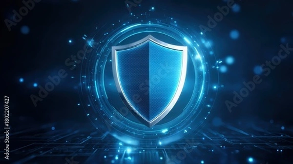 Fototapeta National Security Concept on Cyber ​​Warfare. A sleek blue shield emblem surrounded by digital technology elements, symbolizing security and protection in a modern, high-tech environment.