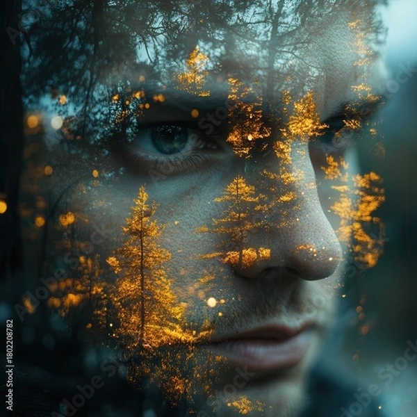 Fototapeta Close-up of a young male, Caucasian, with a forest overlay, evoking a sense of introspection and connection to nature.