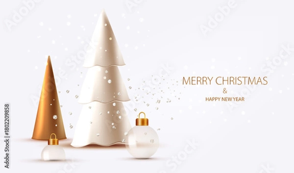 Fototapeta Christmas background with glass balls and trees. Holiday card with silver snow. Vector x-mas design.