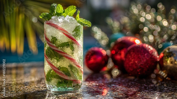 Fototapeta Festive Cuban mojito cocktail with fresh mint, lime, and crushed ice, surrounded by Christmas ornaments and tropical decor
