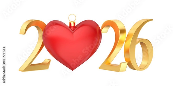 Obraz Happy New Year 2026 card with golden numbers and red heart shaped Christmas ornament