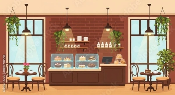 Fototapeta Cozy cafe interior scene with display case and seating ambiance