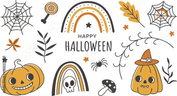 Obraz Happy halloween Boho abstract set. creative contemporary aesthetic doodle elements. Bohemian mystical magic collection clip art hand drawing style.  Vector illustration