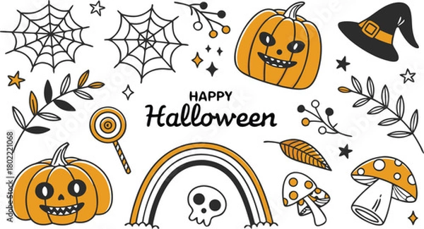 Fototapeta Happy halloween Boho abstract set. creative contemporary aesthetic doodle elements. Bohemian mystical magic collection clip art hand drawing style.  Vector illustration