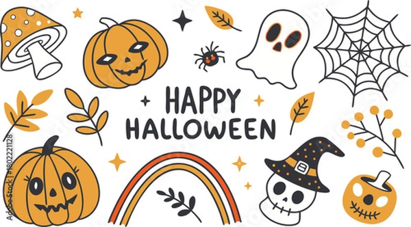 Fototapeta Happy halloween Boho abstract set. creative contemporary aesthetic doodle elements. Bohemian mystical magic collection clip art hand drawing style.  Vector illustration