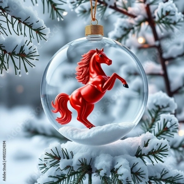 Fototapeta Clear Christmas Bauble with Red Rearing Horse Figurine on Snowy Winter Pine Branch Background_7