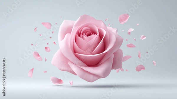 Obraz Pink Rose with Falling Petals on Light Gray Background