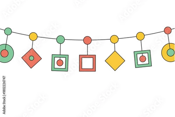 Fototapeta Festive geometric garland decorations for celebrations, parties and events with colorful shapes and modern design hanging to bring joy, happiness, and fun