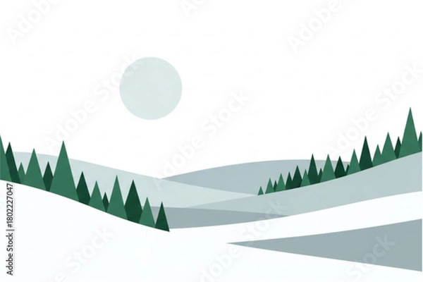 Obraz Serene winter landscape with snow-covered hills and evergreen trees, peaceful nature scene with a modern geometric design, perfect for holiday cards and backgrounds