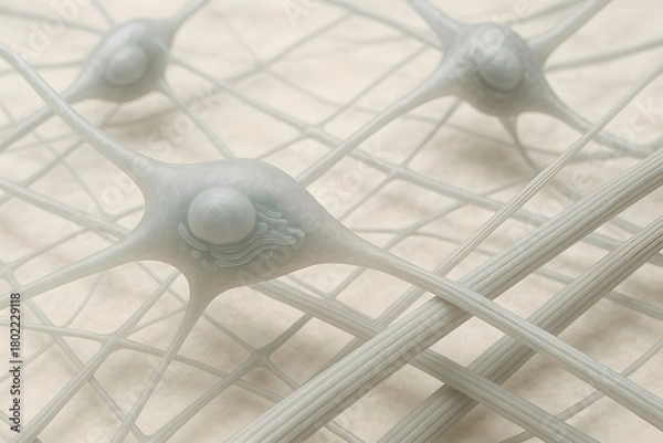 Fototapeta Fibroblast cell synthesizing collagen, elongated spindle-shaped fibroblast with extended cytoplasmic processes, collagen triple-helix precursors packaged into vesicles moving toward cell membrane