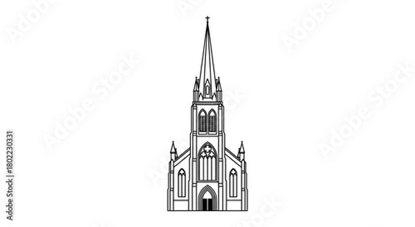 Fototapeta A detailed line drawing of a church with a tall steeple, showcasing its architectural design.