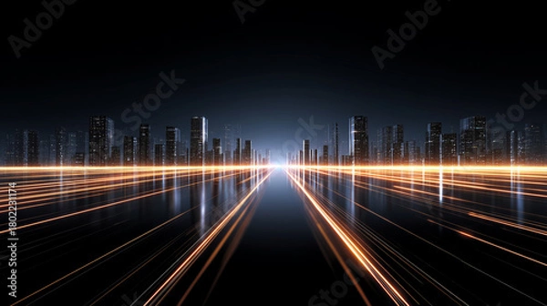 Fototapeta Golden Light Trails Futuristic City Skyline on Dark Background