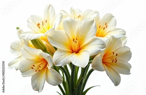 Fototapeta White flowers bloom in fresh bouquet. Yellow centers glow with delicate stamens. Green stems support elegant blossom. Isolated on clean white background. Ideal for beauty spa wedding perfume products.