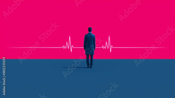 Fototapeta Man in Suit with Heartbeat Line on Pink and Blue Background