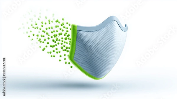 Fototapeta Blue and Green Protective Mask with Green Particles on White Background