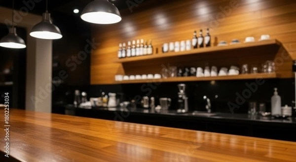 Obraz Cozy cafe interior with warm lighting and shelves of drinks a relaxing ambiance