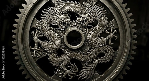 Fototapeta Intricate steampunk gear featuring a mythical dragon design with a central dark opening