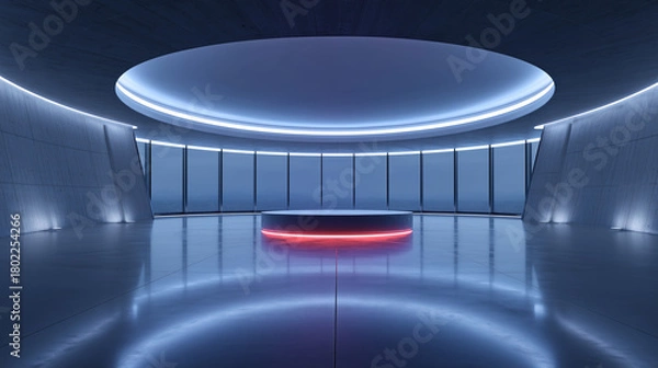 Fototapeta Blue Futuristic Hall with Circular Lights and Central Platform