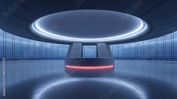 Fototapeta Blue Futuristic Hall with Circular Lights and Central Platform