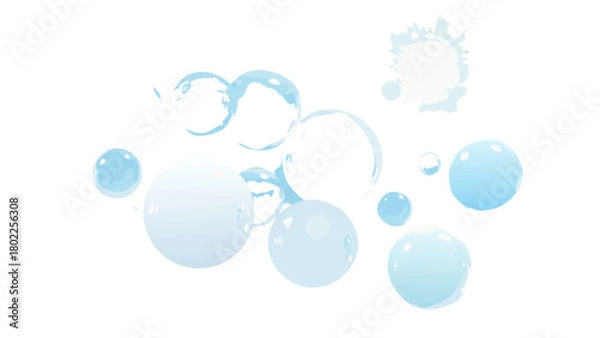 Fototapeta A collection of translucent light blue spheres and partial circles floating on a white background view