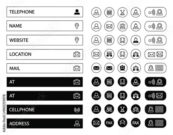 Fototapeta Contact Information Icons Linear Set for Business Cards, White & Black Elements