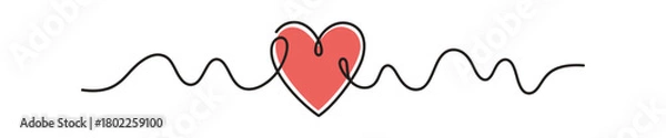 Obraz Continuous Black Line Art with Red Heart Shape on White Background Design