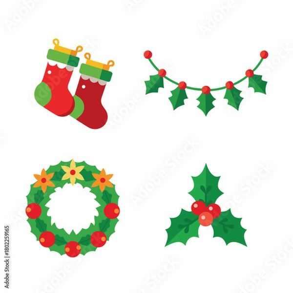 Fototapeta A set of Christmas icons featuring a bell, snowman, candy cane, and holly leaves with berries in a flat style on a white background. Festive holiday concept. Vector illustration