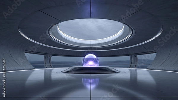 Fototapeta Futuristic Sci-fi Chamber with Purple Sphere and Circular Skylight