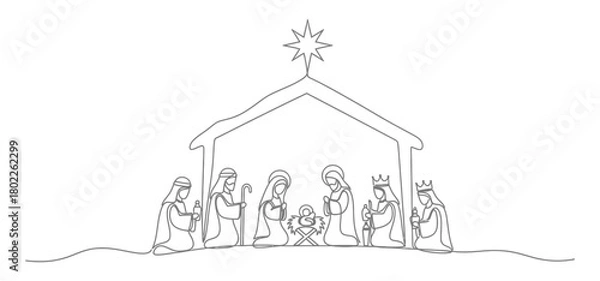 Fototapeta Continuous Line Nativity Scene, Jesus Christ Child, Holy Family, Three Wise Men