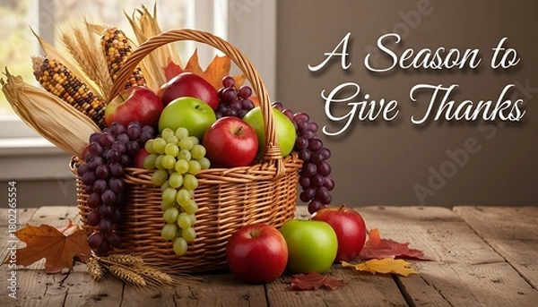 Fototapeta Abundant harvest of fresh fruits and vegetables in a rustic woven basket symbolizing gratitude and the spirit of thanksgiving with a warm inviting backdrop and decorative autumn leaves