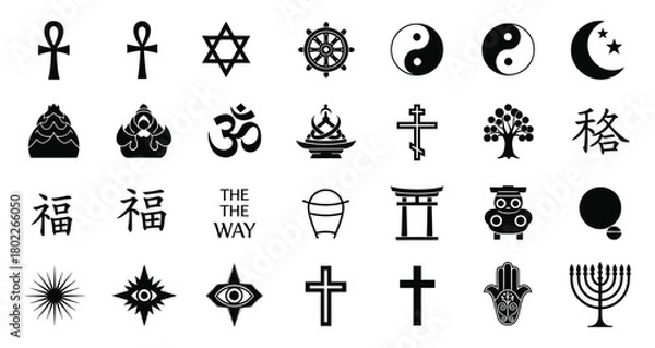Fototapeta Diverse Global Religious Symbols and Spiritual Icon Set in Black and White Outlines