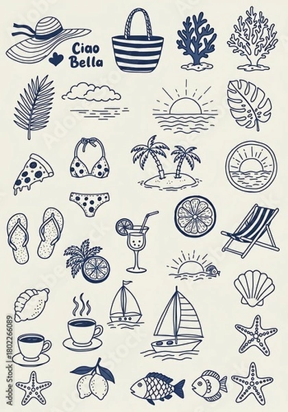 Obraz Hand drawn summer beach vacation and tropical elements collection