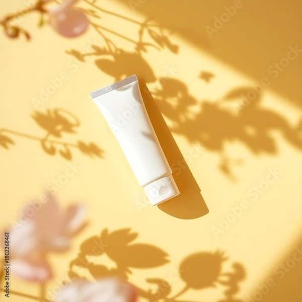 Obraz Cosmetic tube bathed in warm sunlight and floral shadows