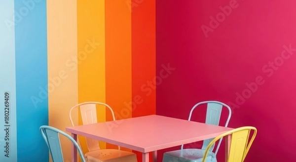 Obraz Vibrant rainbow color palette dining area with square table and chairs