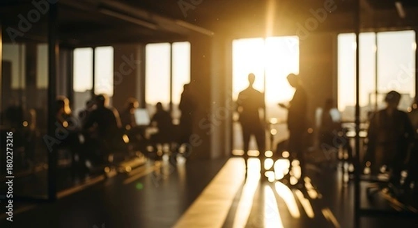 Fototapeta Business professionals in an open office space with warm sunlight