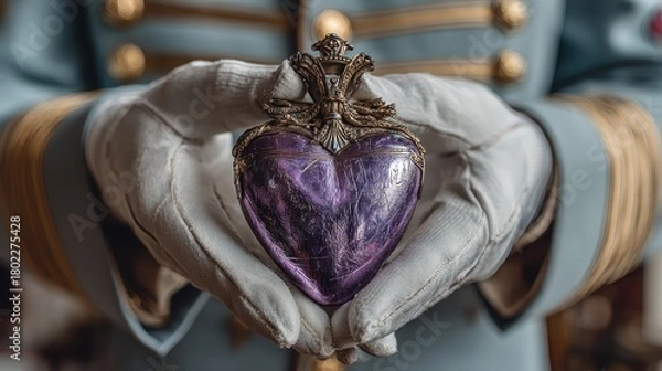 Obraz Person in uniform holds ornate antique heart pendant with white gloved hands