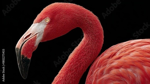 Fototapeta Close-up portrait of a brightly colored American flamingo against black background, showcasing feather details and unique beak shape