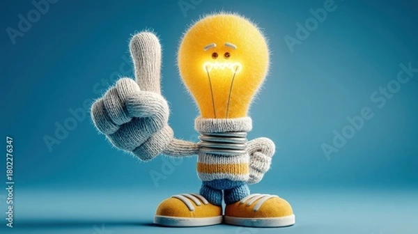 Obraz Small knitted character holding a glowing light bulb above a human hand offering support and encouragement